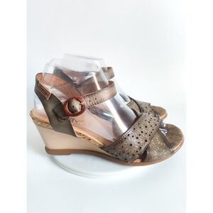 Pikolinos Wedge Sandals 9 39 Laurel Olive Green Leather Laser Cut Boho Earthy